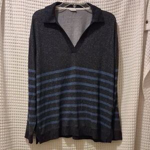 Chico's Women's Gray and Blue Striped V-Neck Sweater Sz XL